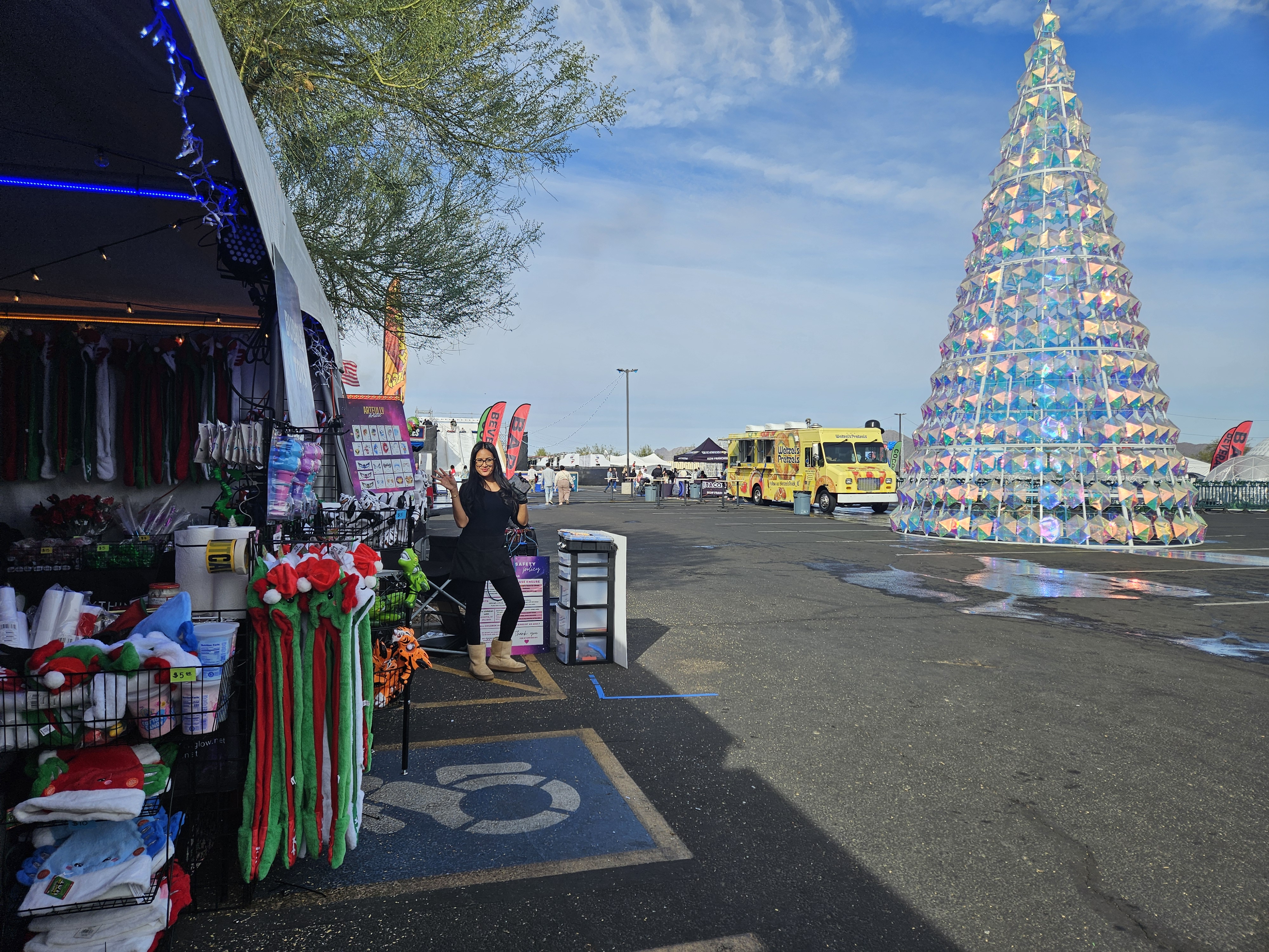 Setup next to a massive LED Christmas tree at a holiday event